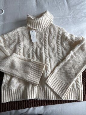 Pink Rose Cream Cable Knit Turtleneck Sweater